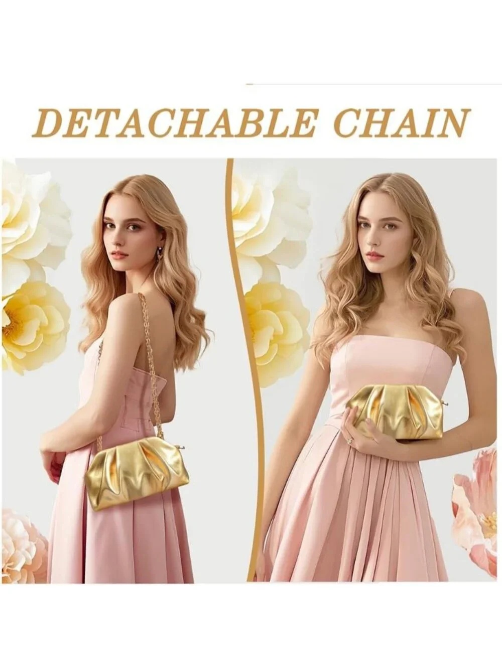 Women's Golden Soft Pleated Pu Clutch Purse Elegant Evening Wedding Bag
